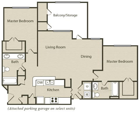 Floor plan for 2 beds, 2 baths, 1140 sqft
